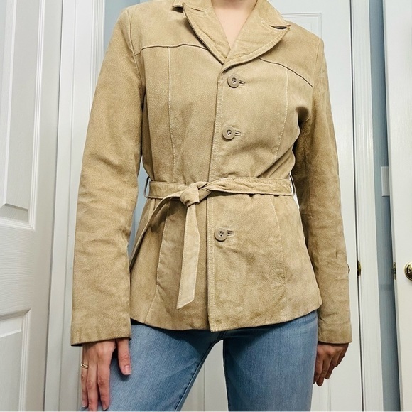Vintage Leather Jacket Wilson’s Tan Belted Women’s Fitted Minimalist Medium - Picture 1 of 8